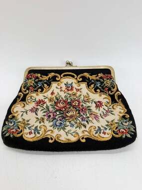 Vintage Floral Tapestry Clutch Purse Black Gold Tone Frame Kiss Lock Evening Bag